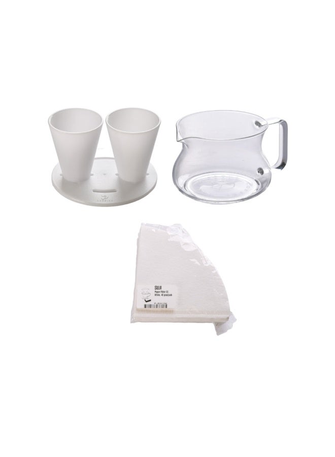 برسايذ اي طقم تقطير ثنائي العدسات أبيض - ماكينة تحضير قهوة مزدوجة مع قمع تقطير بلاستيكي، إبريق زجاجي، تصميم مسطح لتحضير 1-2 كوب من القهوة المختصة - Image 1